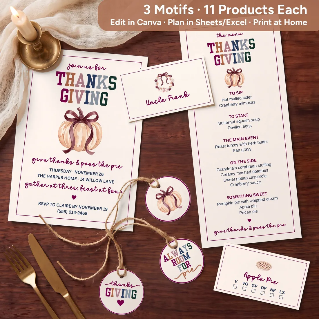 The kit on a wooden table: invitation, menu card, place card, food label, and tags. 3 motifs, 11 products each.