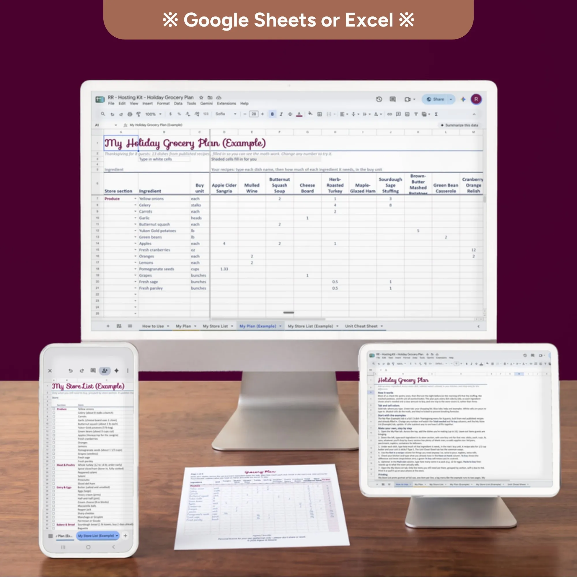The Holiday Grocery Plan in Google Sheets or Excel, on a computer, tablet, and phone, with the printable version